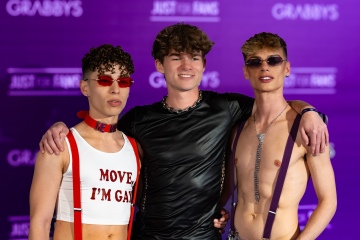 David de Vil, Twink frosty and Roby de vil at the Purple Carpet of Grabbys Europe 2026 in Torremolinos